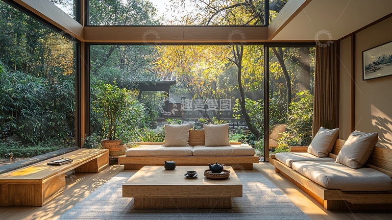 高清大图下载【趣麦麦图】日式禅意庭院客厅