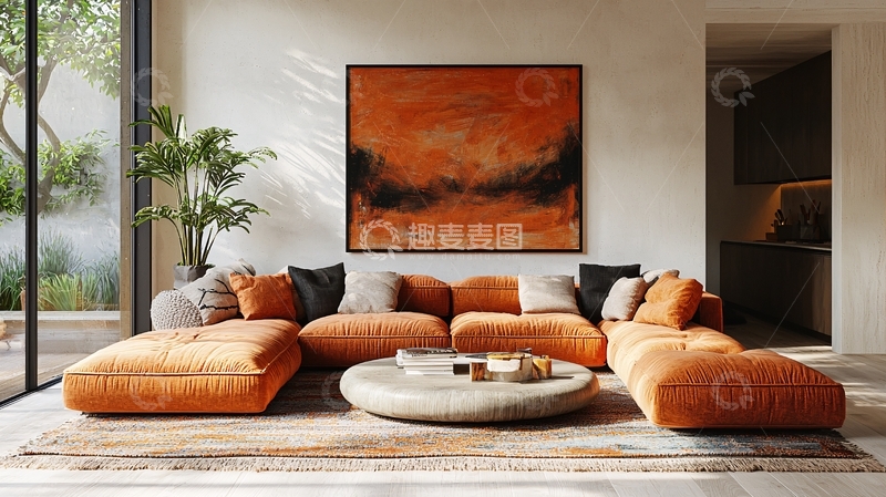 高清大图下载【趣麦麦图】现代简约橙色系客厅