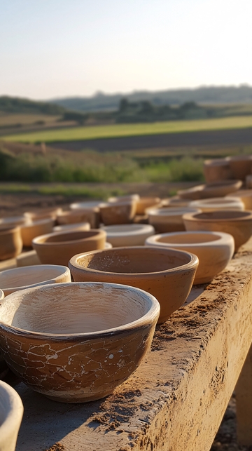 田园风光下晾晒的陶碗