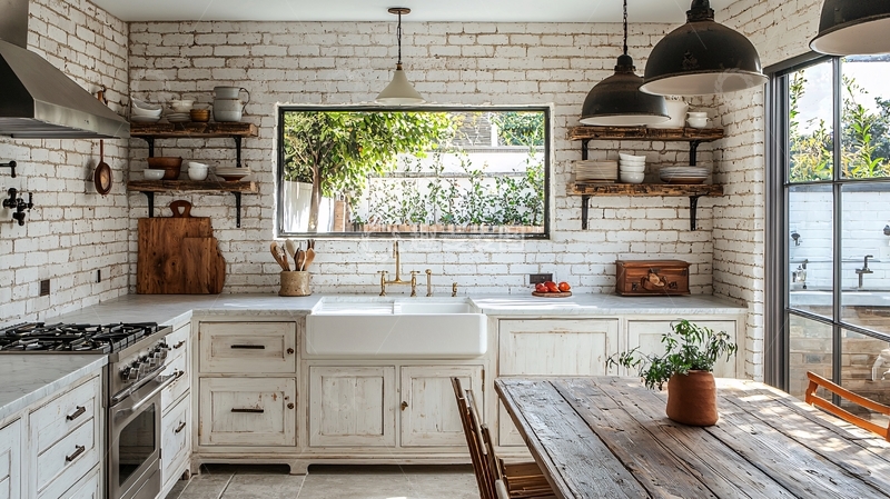 高清大图下载【趣麦麦图】乡村风格白色砖砌厨房