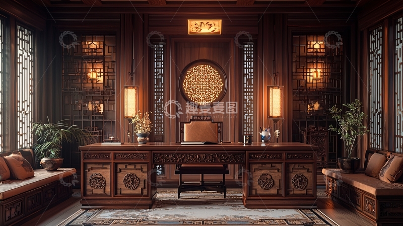 高清大图下载【趣麦麦图】中式古典风格书房