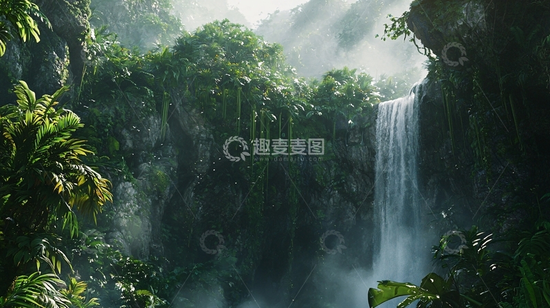 高清大图下载【趣麦麦图】热带雨林瀑布景观