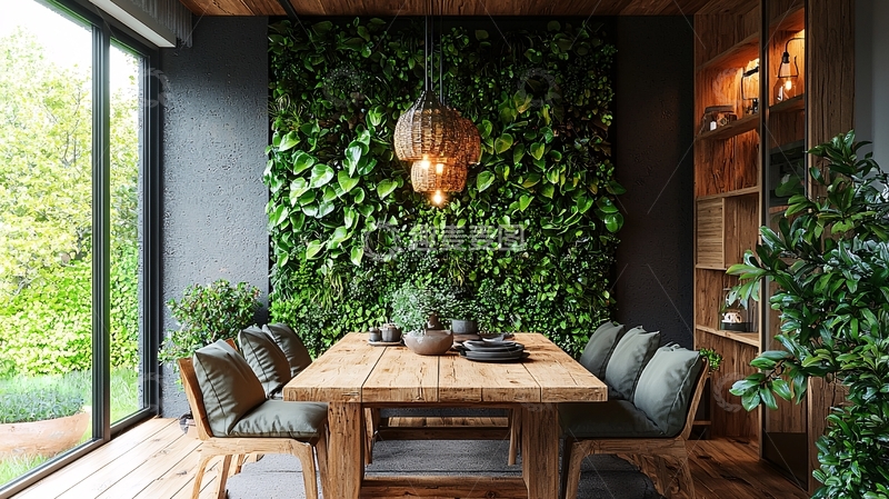 高清大图下载【趣麦麦图】室内绿植墙餐厅