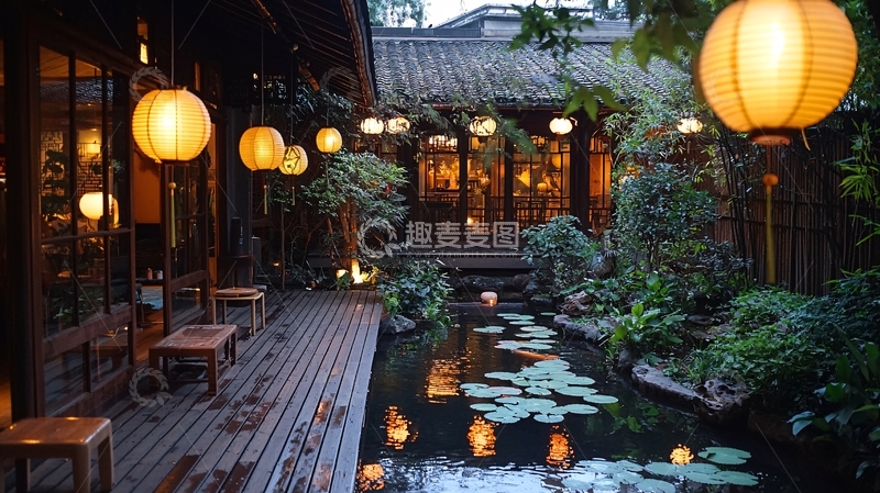 高清大图下载【趣麦麦图】中式庭院灯笼小桥流水