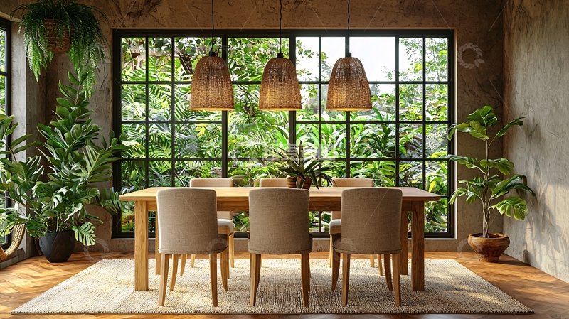 高清大图下载【趣麦麦图】阳光洒在绿植环绕的餐厅