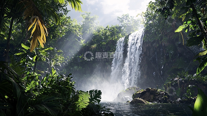 高清大图下载【趣麦麦图】热带雨林瀑布景观