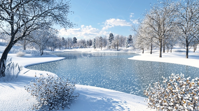 高清大图下载【趣麦麦图】冬日雪景湖边公园
