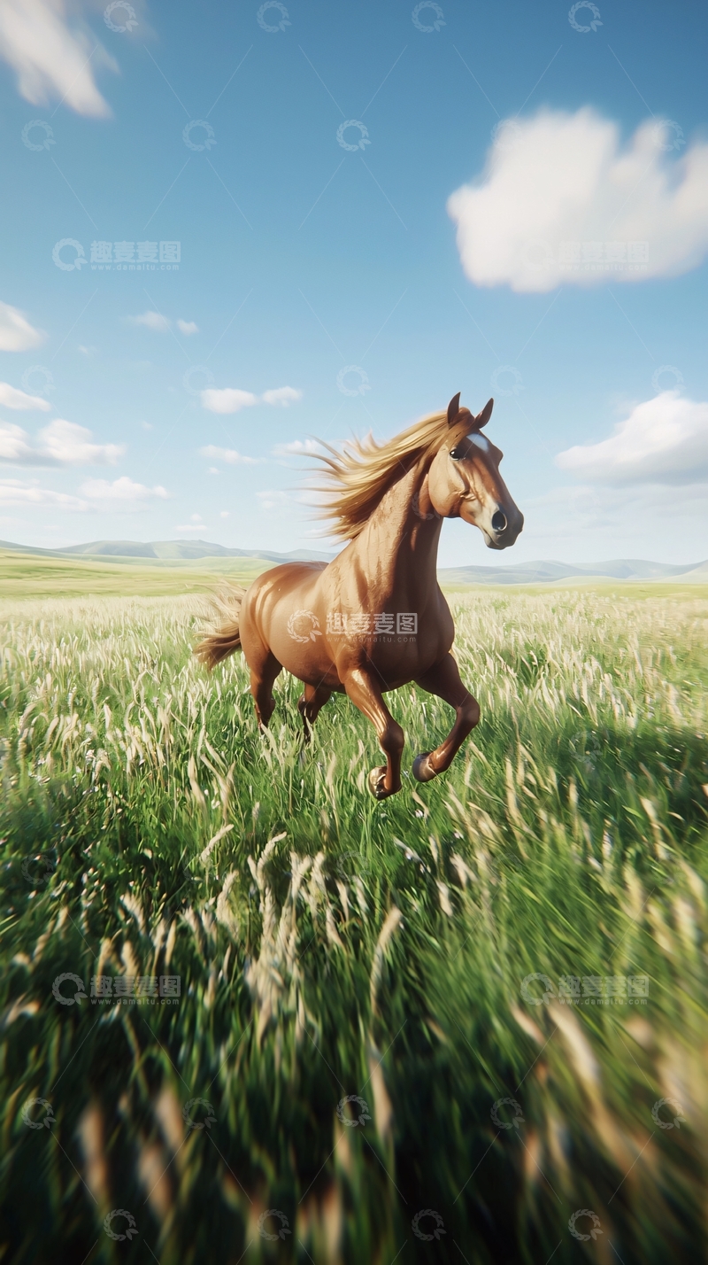 高清大图下载【趣麦麦图】奔腾的骏马在麦田里奔跑