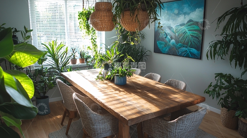 高清大图下载【趣麦麦图】阳光绿植覆盖的餐厅