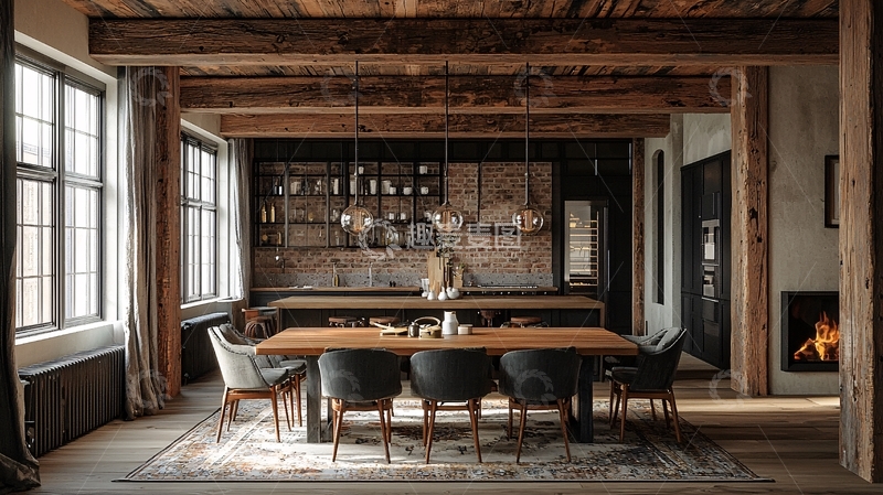 高清大图下载【趣麦麦图】复古厨房餐厅一体