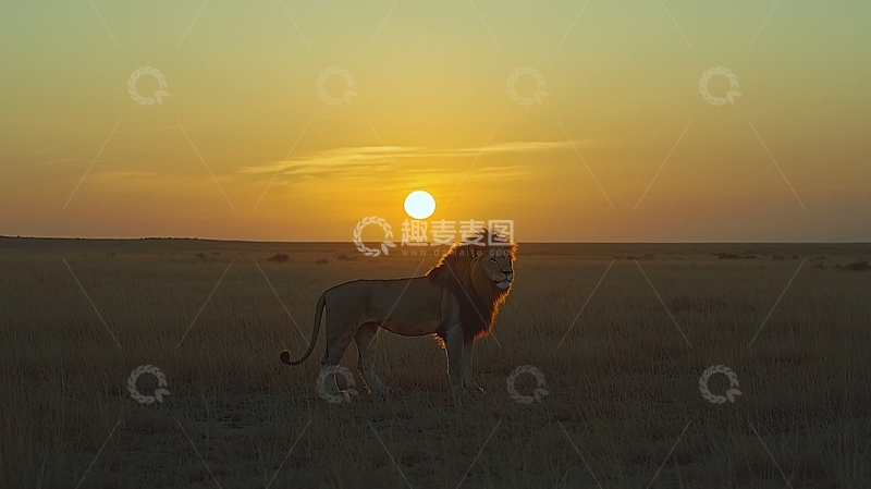 高清大图下载【趣麦麦图】日落时分草原雄狮剪影