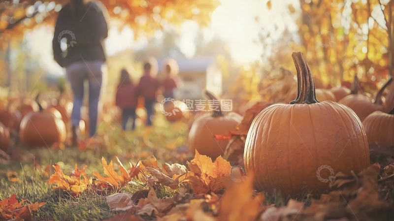 高清大图下载【趣麦麦图】秋日南瓜田家庭采摘