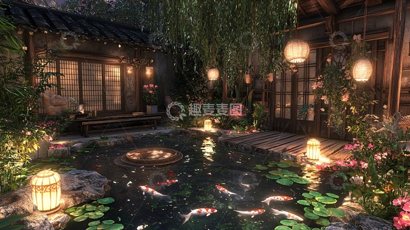 高清大图下载【趣麦麦图】日式庭院夜景