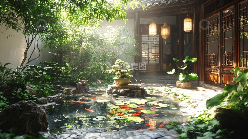 高清大图下载【趣麦麦图】中式庭院阳光洒在池塘上