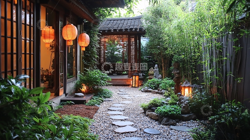高清大图下载【趣麦麦图】日式庭院灯笼石板小路景观