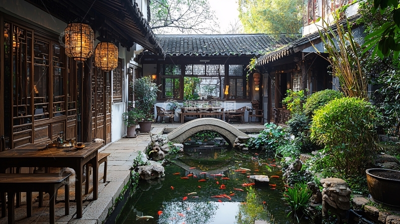 高清大图下载【趣麦麦图】中式庭院小桥流水人家