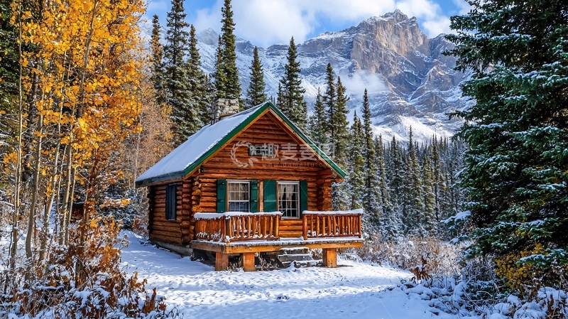 高清大图下载【趣麦麦图】雪山木屋