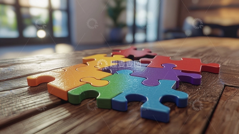 高清大图下载【趣麦麦图】木桌上彩色拼图碎片