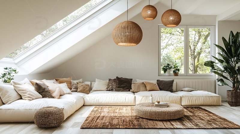 高清大图下载【趣麦麦图】明亮阁楼房间的休息区