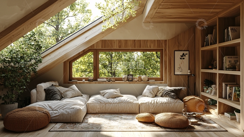 高清大图下载【趣麦麦图】阳光充足的木质阁楼客厅