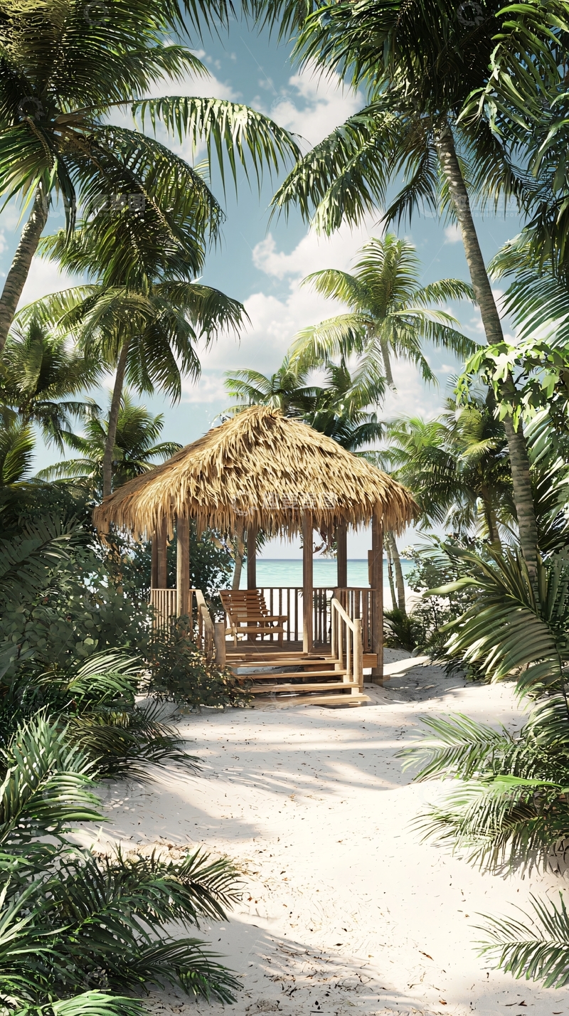 高清大图下载【趣麦麦图】热带海滩茅草屋