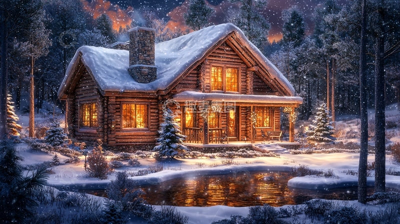 高清大图下载【趣麦麦图】雪夜森林里的木屋