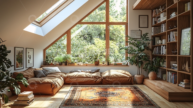 高清大图下载【趣麦麦图】阳光洒进阁楼阅读室