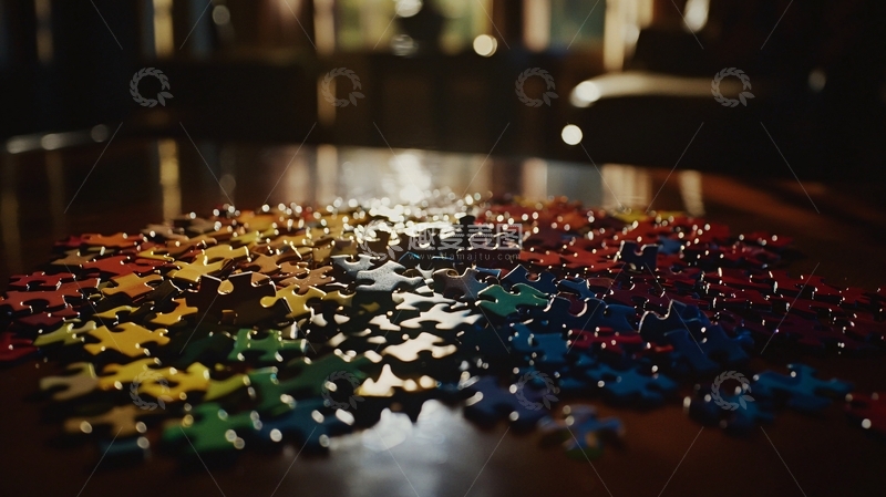 高清大图下载【趣麦麦图】彩色拼图散落在桌面上