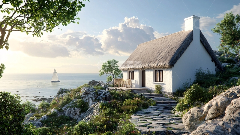 高清大图下载【趣麦麦图】海边茅草屋