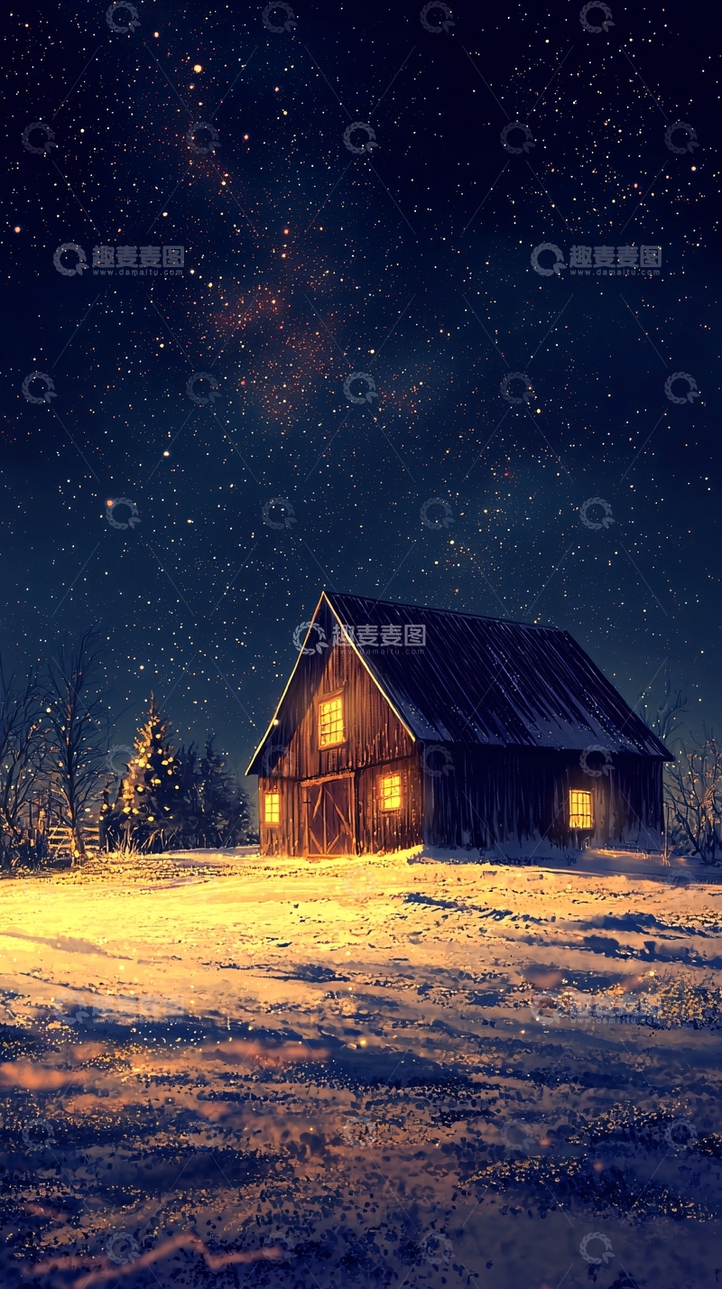 高清大图下载【趣麦麦图】星空下的木屋