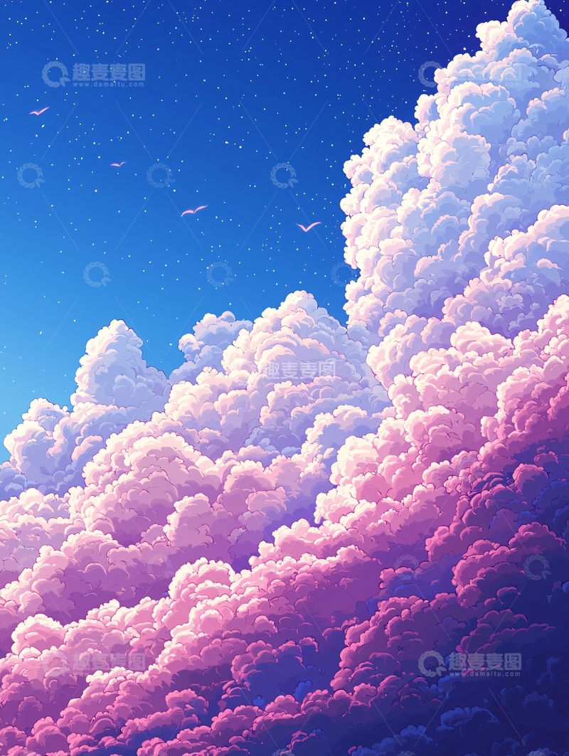 高清大图下载【趣麦麦图】粉色云朵与蓝天的动漫风格