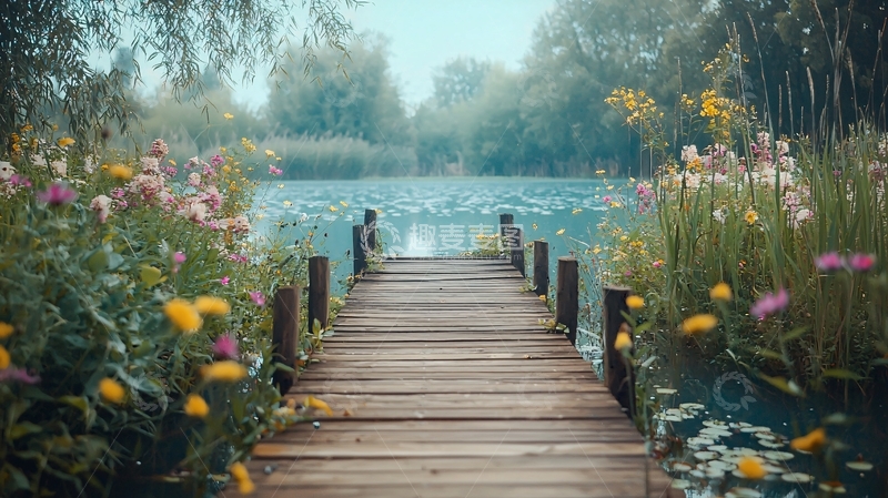 高清大图下载【趣麦麦图】木栈道通向宁静湖泊