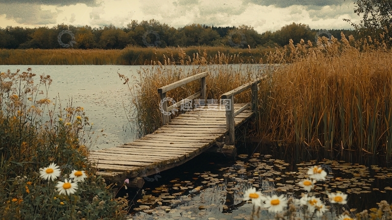 高清大图下载【趣麦麦图】秋日湖边木桥