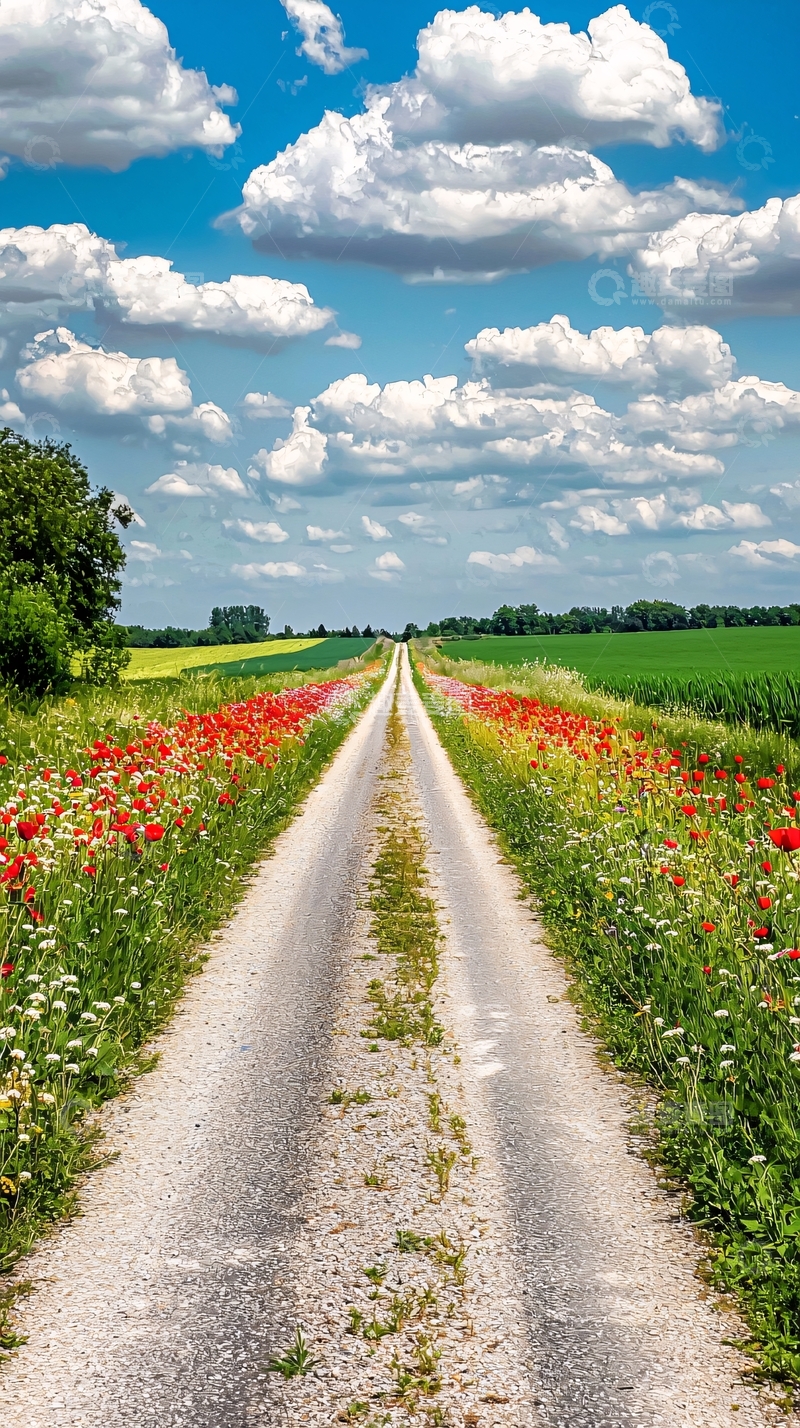 高清大图下载【趣麦麦图】乡间小路鲜花盛开