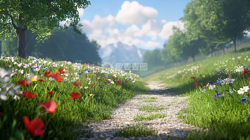 高清大图下载【趣麦麦图】阳光明媚的花田小路