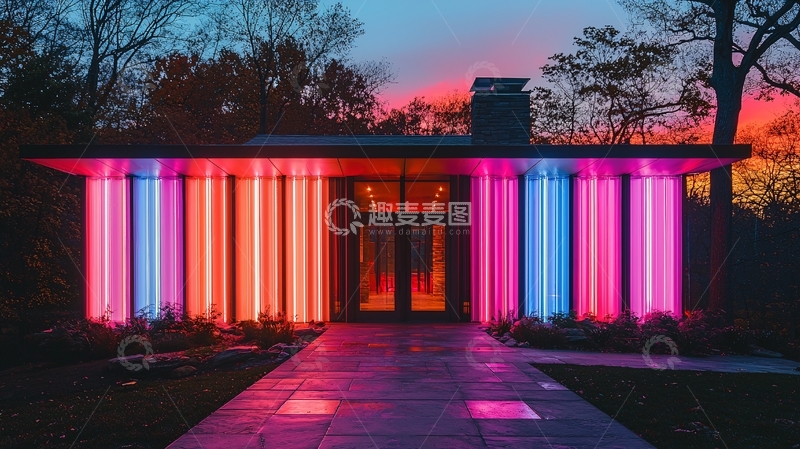 高清大图下载【趣麦麦图】霓虹灯装饰的现代房屋