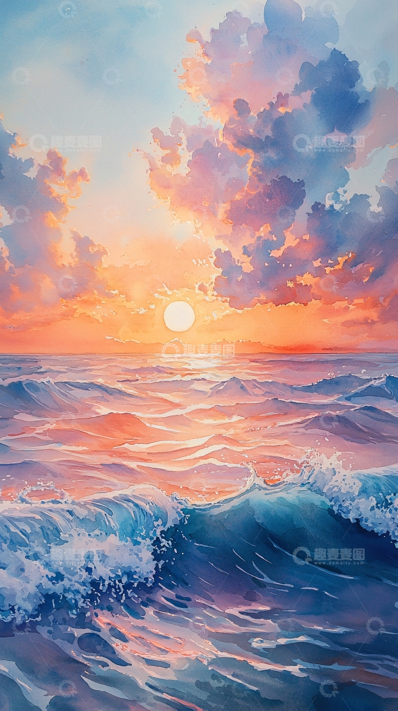 高清大图下载【趣麦麦图】梦幻水彩海景日落