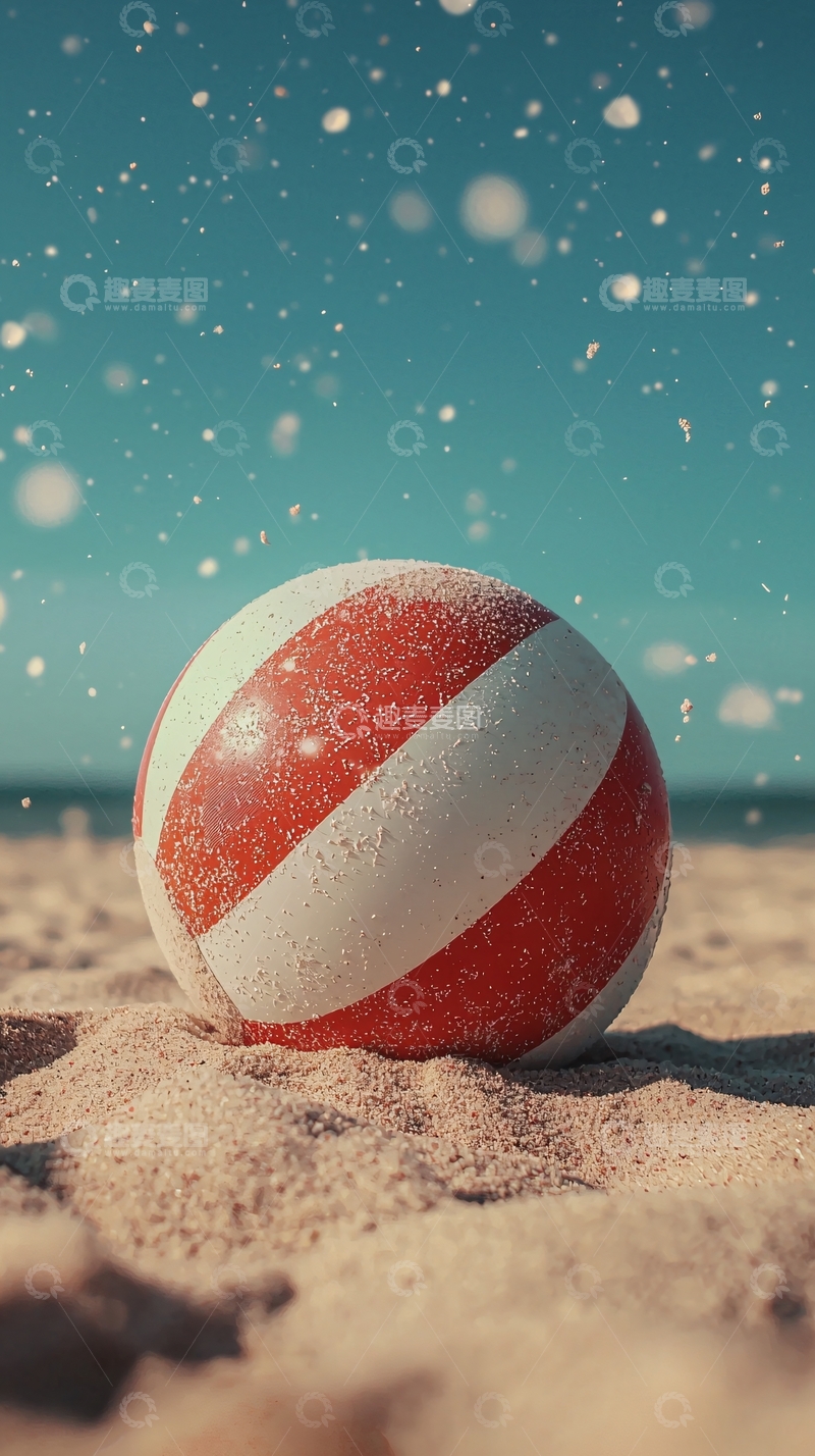 高清大图下载【趣麦麦图】沙滩上的红白相间排球