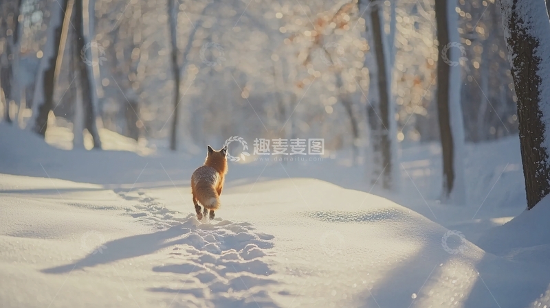 高清大图下载【趣麦麦图】冬日森林里的小狗
