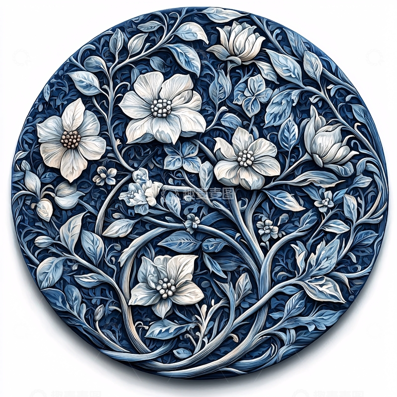 高清大图下载【趣麦麦图】蓝色花卉圆形图案