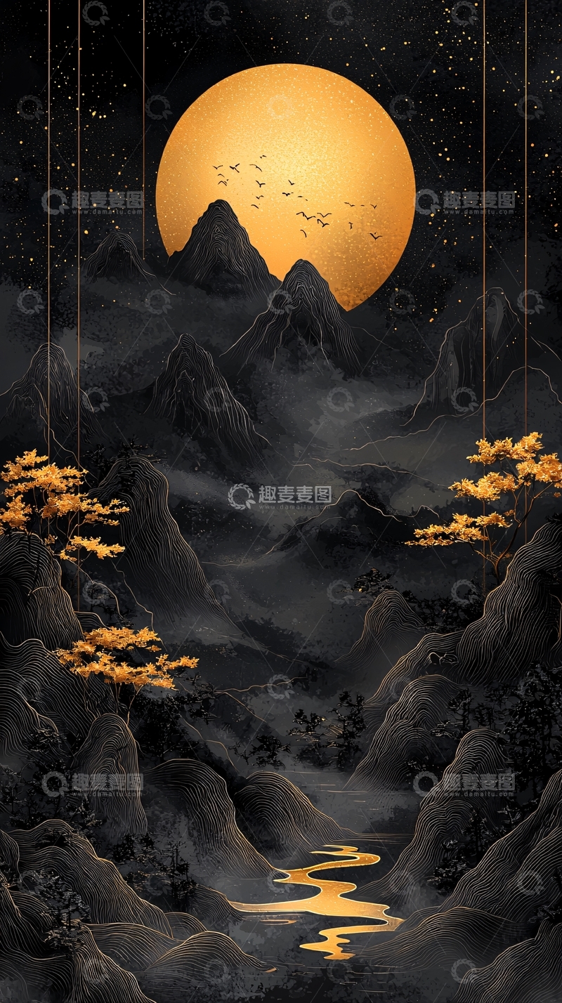 高清大图下载【趣麦麦图】金色圆月下的水墨山水画