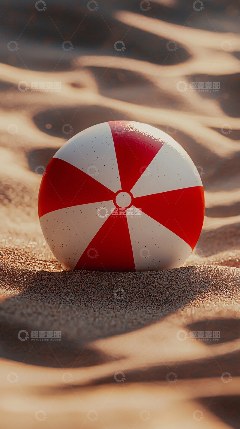 高清大图下载【趣麦麦图】沙滩上的红白相间沙滩球