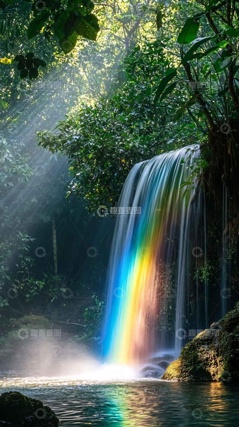 高清大图下载【趣麦麦图】森林瀑布彩虹