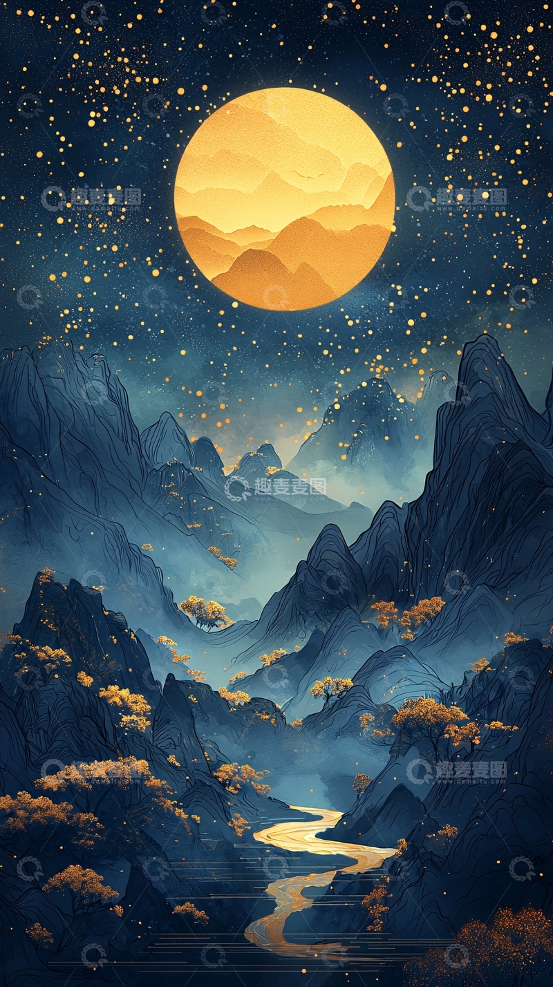 高清大图下载【趣麦麦图】水墨山水月亮星空
