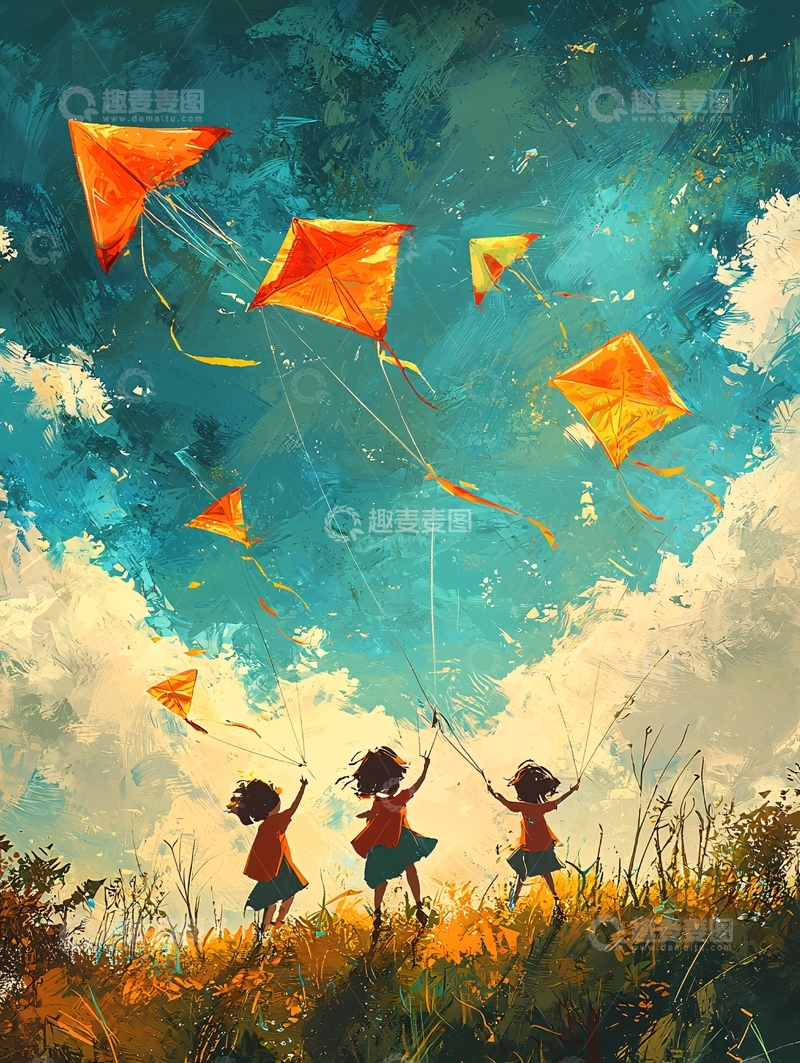 高清大图下载【趣麦麦图】孩子们放风筝的绘画