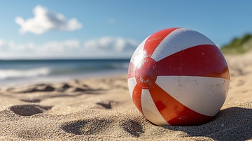 沙滩上的红白相间沙滩球