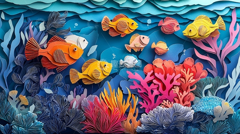 高清大图下载【趣麦麦图】纸艺鱼群海洋场景