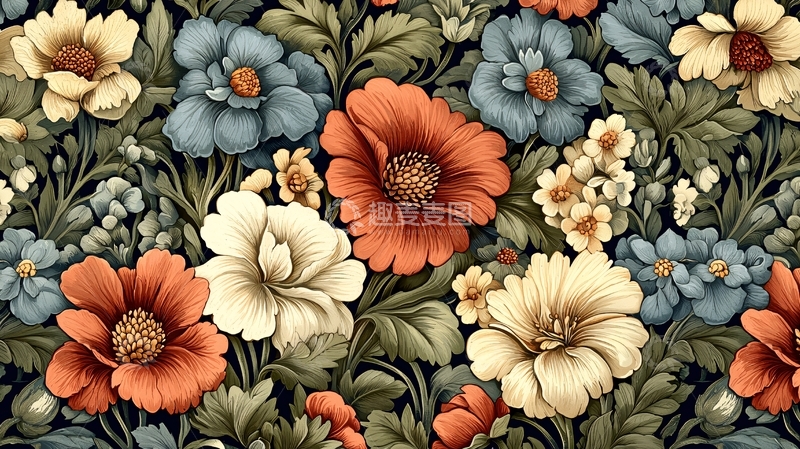 高清大图下载【趣麦麦图】繁花似锦的复古花卉图案