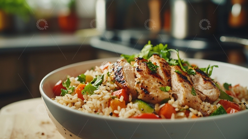 高清大图下载【趣麦麦图】烤鸡肉饭配蔬菜