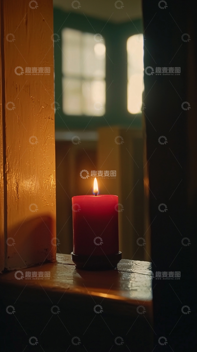 高清大图下载【趣麦麦图】窗台上燃烧的红色蜡烛